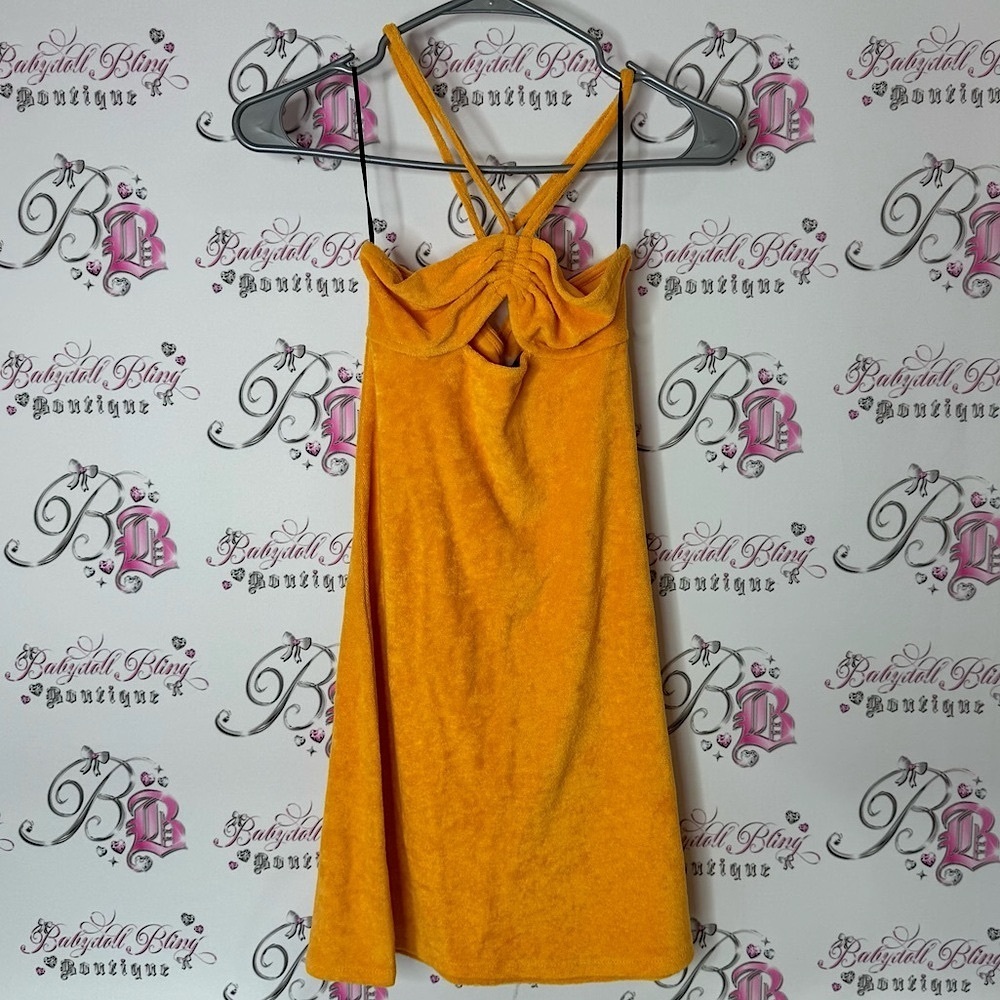 H&M dress orange Yellow Ruched Halter Sundress terry cloth towel fabric
